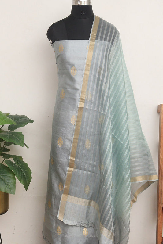Grey Banarasi Pure Katan Silk Unstitched Suit Set With Organza Stripe Design Dupatta - Luxurion World