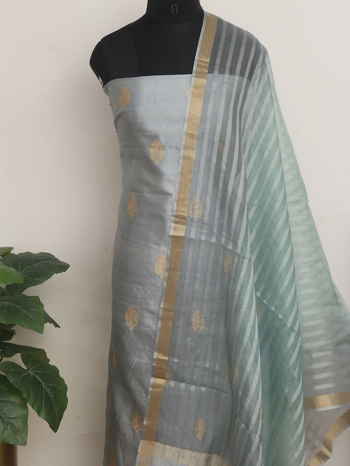 Grey Banarasi Pure Katan Silk Unstitched Suit Set With Organza Stripe Design Dupatta - Luxurion World