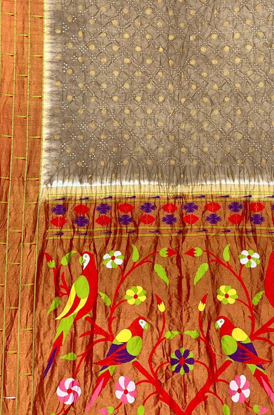 Grey Bandhani Paithani Pure Silk Parrot And Floral Design Saree With Triple Muniya Border - Luxurion World
