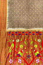 Grey Bandhani Paithani Pure Silk Parrot And Floral Design Saree With Triple Muniya Border - Luxurion World