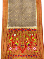 Grey Bandhani Paithani Pure Silk Parrot And Floral Design Saree With Triple Muniya Border - Luxurion World