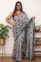 Grey Bengal Cotton Polka Dots Saree - Luxurion World
