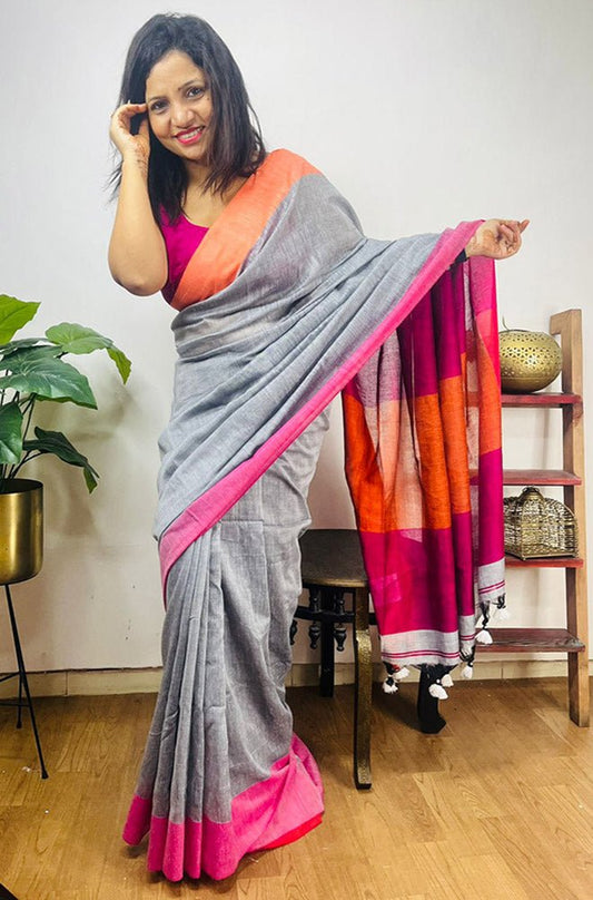 Stylish Grey Bengal Cotton Saree - Luxurion World