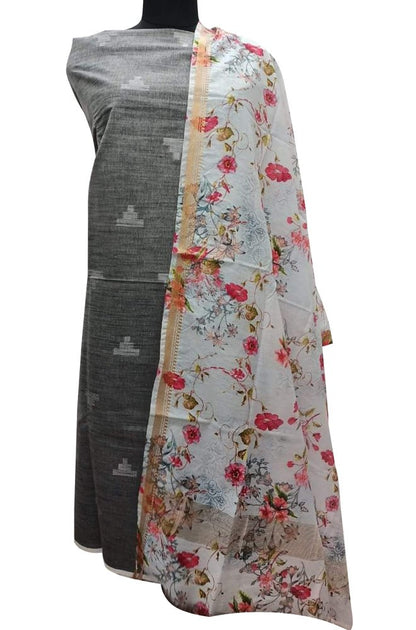 Grey Bhagalpur Linen Two Piece Unstitched Suit Set With Digital Printed Dupatta
