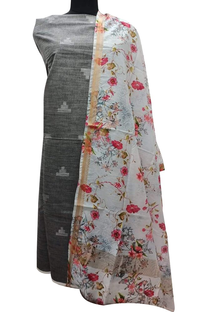 Grey Bhagalpur Linen Two Piece Unstitched Suit Set With Digital Printed Dupatta - Luxurion World