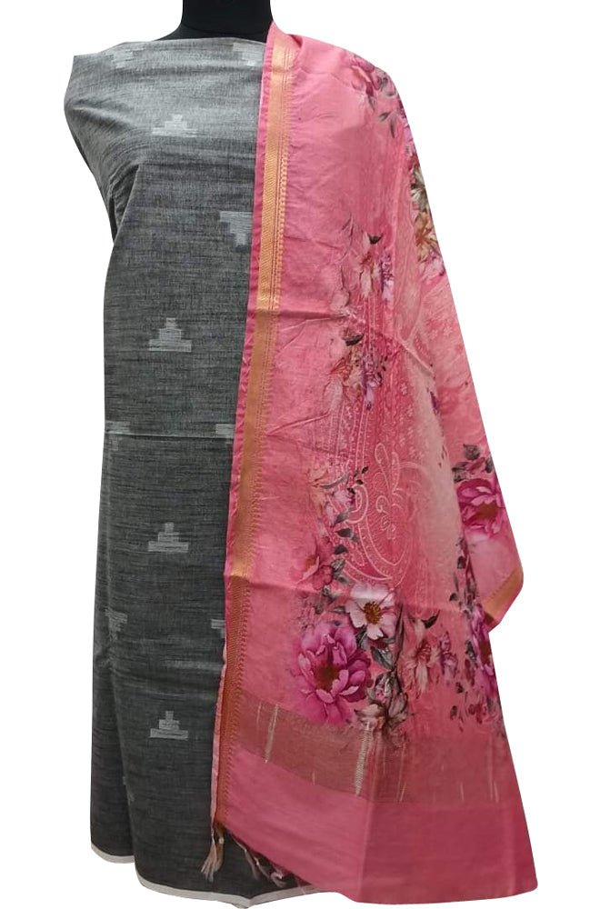 Grey Bhagalpur Linen Two Piece Unstitched Suit Set With Digital Printed Dupatta - Luxurion World