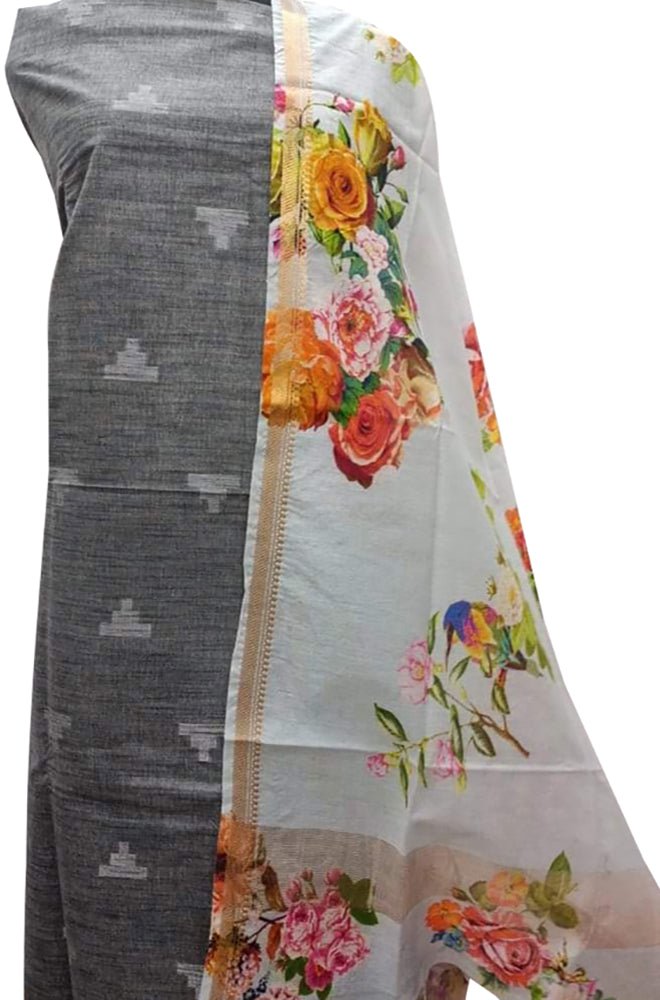 Grey Bhagalpur Linen Two Piece Unstitched Suit Set With Digital Printed Dupatta - Luxurion World