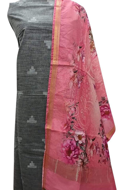 Grey Bhagalpur Linen Two Piece Unstitched Suit Set With Digital Printed Dupatta