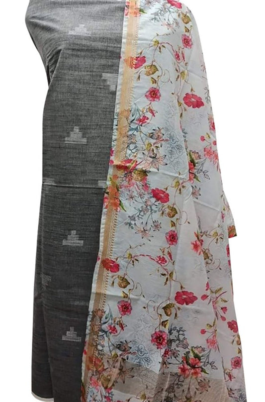 Grey Bhagalpur Linen Two Piece Unstitched Suit Set With Digital Printed Dupatta - Luxurion World