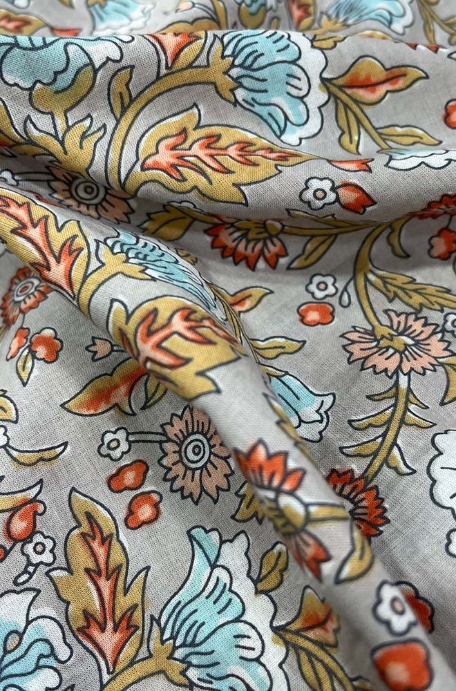Grey Block Printed Cotton Fabric ( 1 Mtr ) - Luxurion World