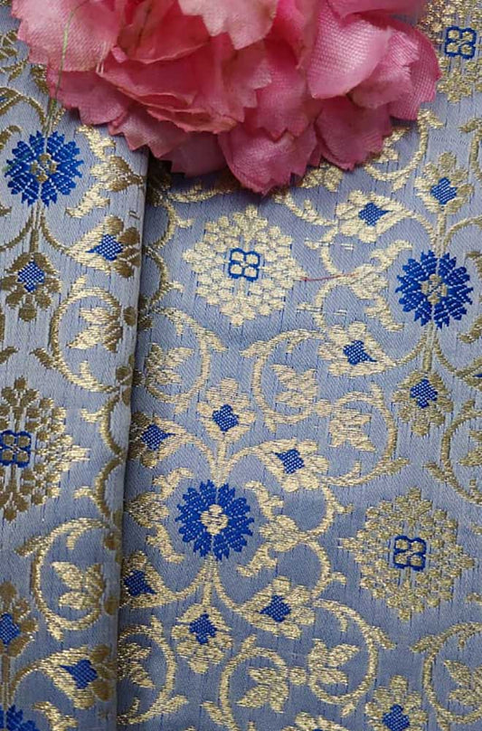 Grey Brocade Banarasi Silk Fabric ( 1 Mtr ) - Luxurion World
