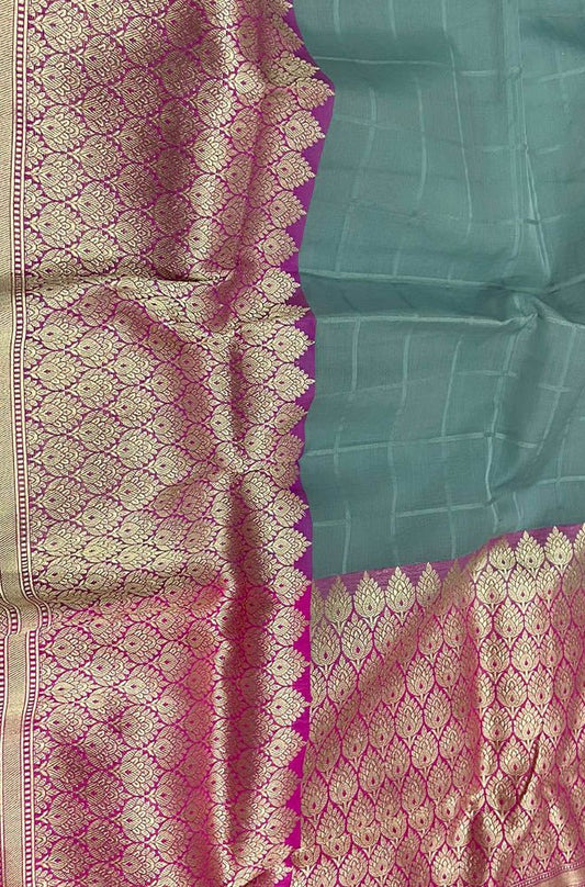 Grey Checks Handloom Banarasi Pure Kora Silk Saree - Luxurion World