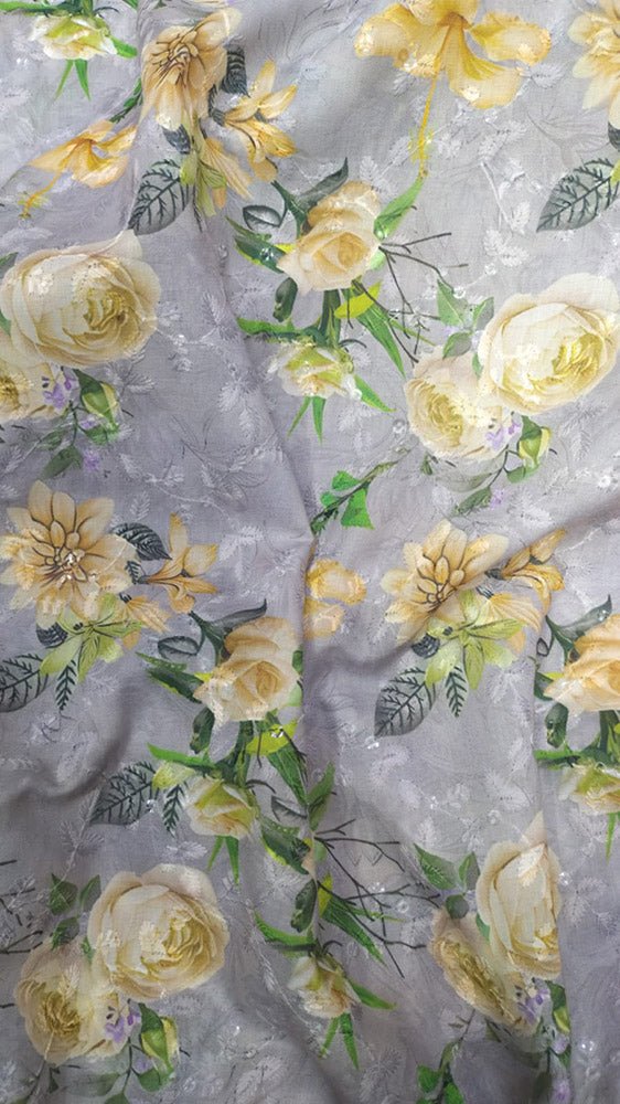 Grey Digital Printed Chikankari Cotton Sequins Work Fabric ( 1 Mtr ) - Luxurion World
