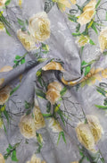 Grey Digital Printed Chikankari Cotton Sequins Work Fabric ( 1 Mtr ) - Luxurion World