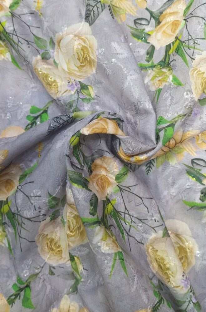 Grey Digital Printed Chikankari Cotton Sequins Work Fabric ( 1 Mtr ) - Luxurion World