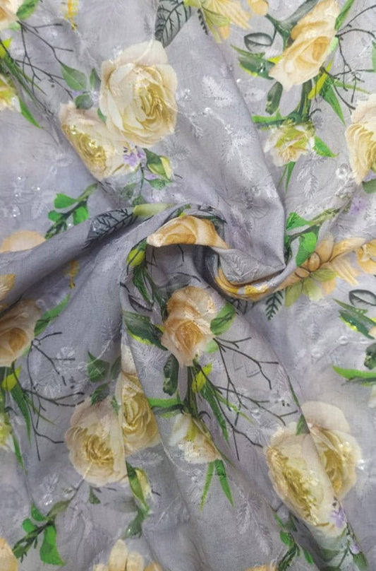 Grey Digital Printed Chikankari Cotton Sequins Work Fabric ( 1 Mtr ) - Luxurion World