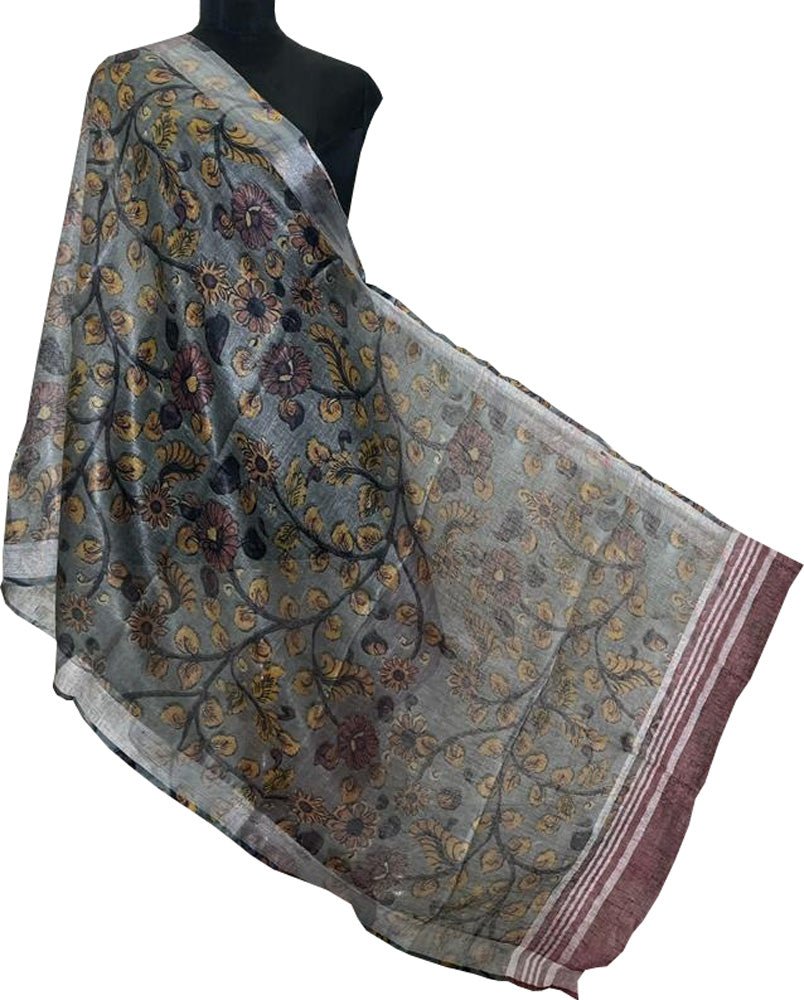 Grey Digital Printed Linen Floral Design Dupatta - Luxurion World