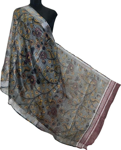 Grey Digital Printed Linen Floral Design Dupatta - Luxurion World