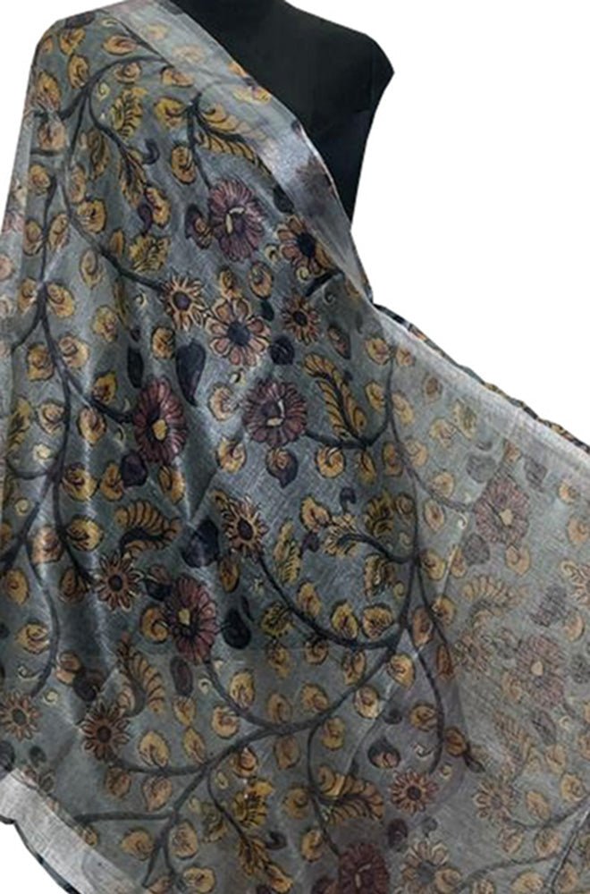 Grey Digital Printed Linen Floral Design Dupatta - Luxurion World