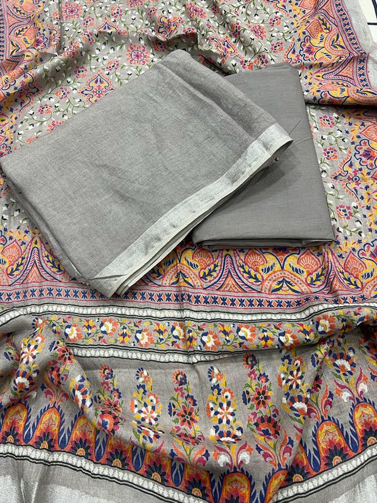 Grey Digital Printed Linen Three Piece Unstitched Suit Set - Luxurion World
