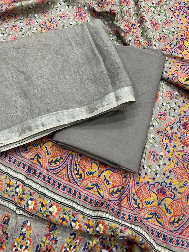 Grey Digital Printed Linen Three Piece Unstitched Suit Set - Luxurion World