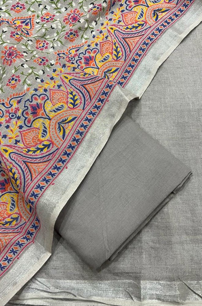 Grey Digital Printed Linen Three Piece Unstitched Suit Set - Luxurion World