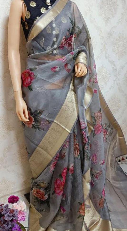 Grey Digital Printed Organza Silk Floral Design Saree - Luxurion World