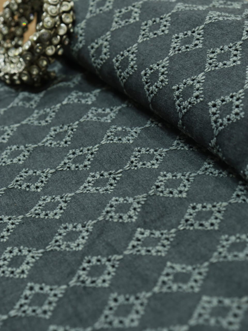 Grey Embroidered Chikankari Cotton Fabric (1 Mtr) - Luxurion World