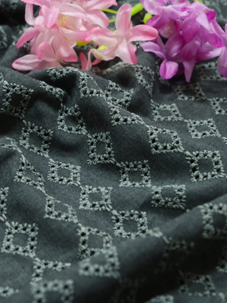 Grey Embroidered Chikankari Cotton Fabric (1 Mtr)