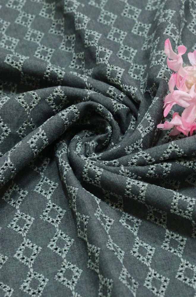 Grey Embroidered Chikankari Cotton Fabric (1 Mtr)