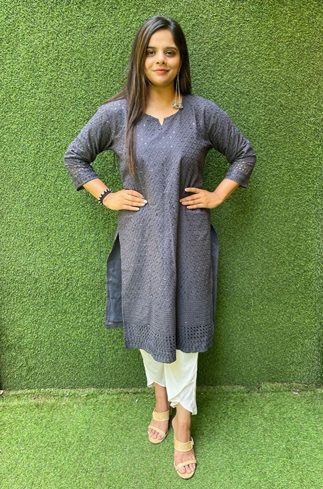 Grey Embroidered Chikankari Cotton Stitched Kurti - Luxurion World