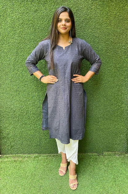 Grey Embroidered Chikankari Cotton Stitched Kurti - Luxurion World
