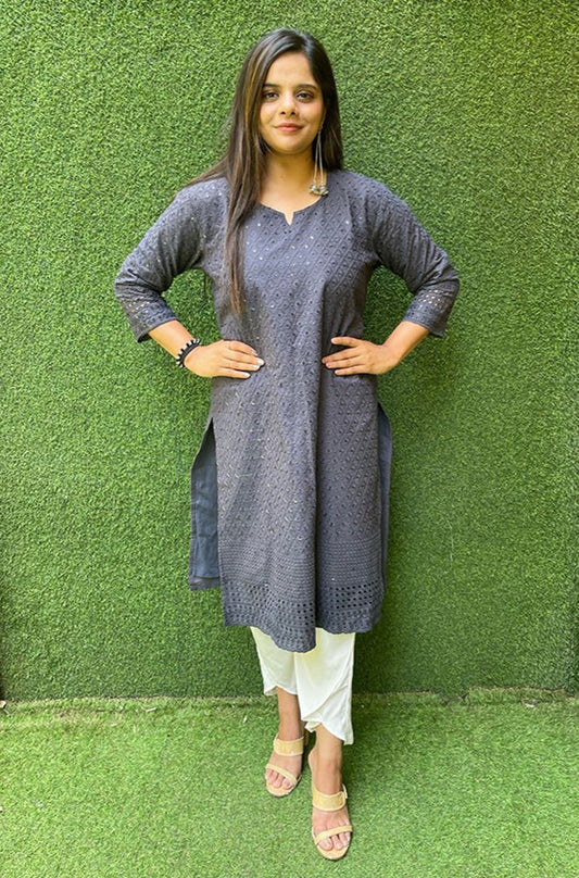 Grey Embroidered Chikankari Cotton Stitched Kurti - Luxurion World