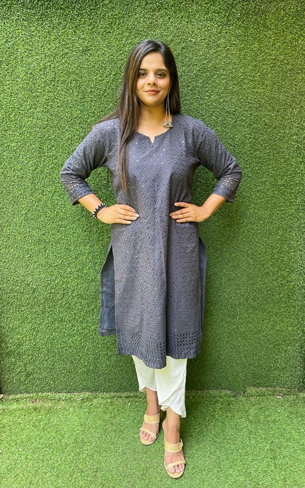 Grey Embroidered Chikankari Cotton Stitched Kurti - Luxurion World