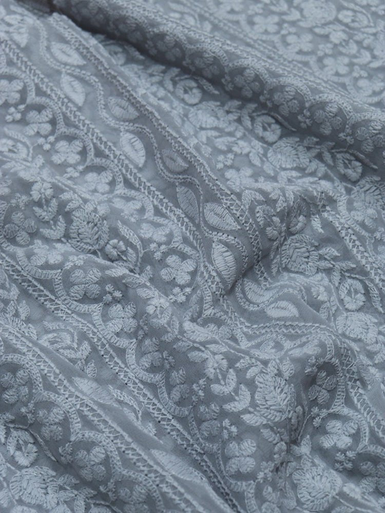 Grey Embroidered Chikankari Georgette Fabric (1 Mtr) - Luxurion World