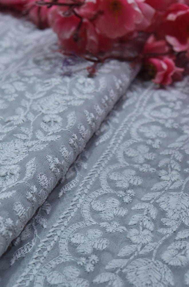Grey Embroidered Chikankari Georgette Fabric (1 Mtr)