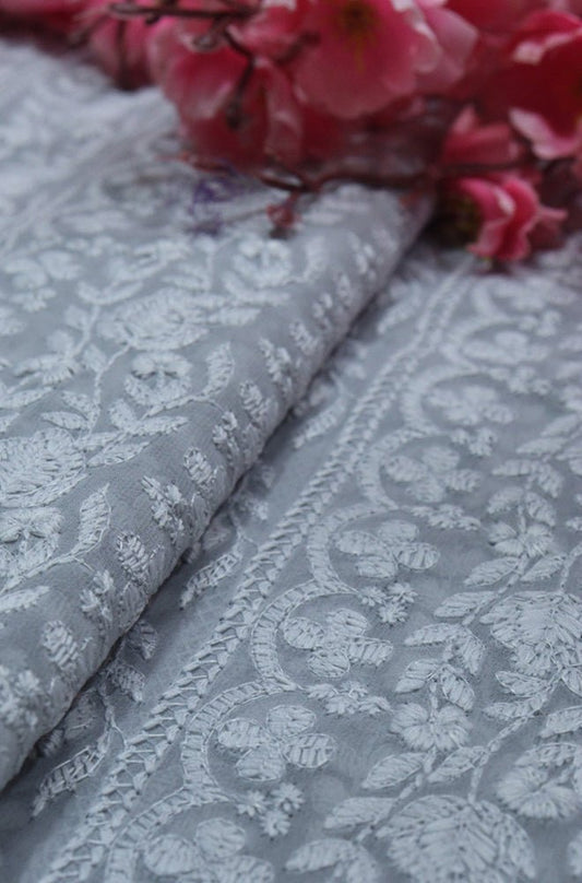 Grey Embroidered Chikankari Georgette Fabric (1 Mtr) - Luxurion World
