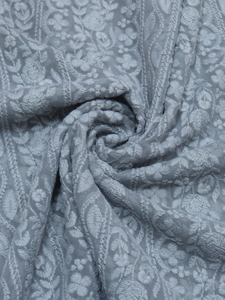Grey Embroidered Chikankari Georgette Fabric (1 Mtr) - Luxurion World