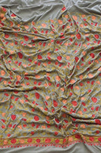 Grey Embroidered Kashmiri Aari Work Crepe Flower Design Saree - Luxurion World