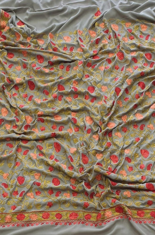 Grey Embroidered Kashmiri Aari Work Crepe Flower Design Saree - Luxurion World
