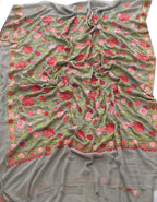 Grey Embroidered Kashmiri Aari Work Georgette Floral Design Saree - Luxurion World