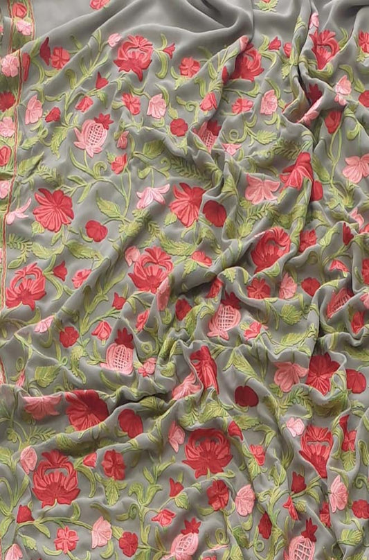Grey Embroidered Kashmiri Aari Work Georgette Floral Design Saree