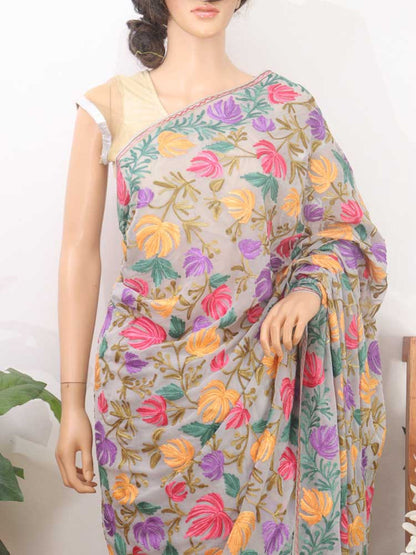 Grey Embroidered Kashmiri Aari Work Georgette Floral Design Saree
