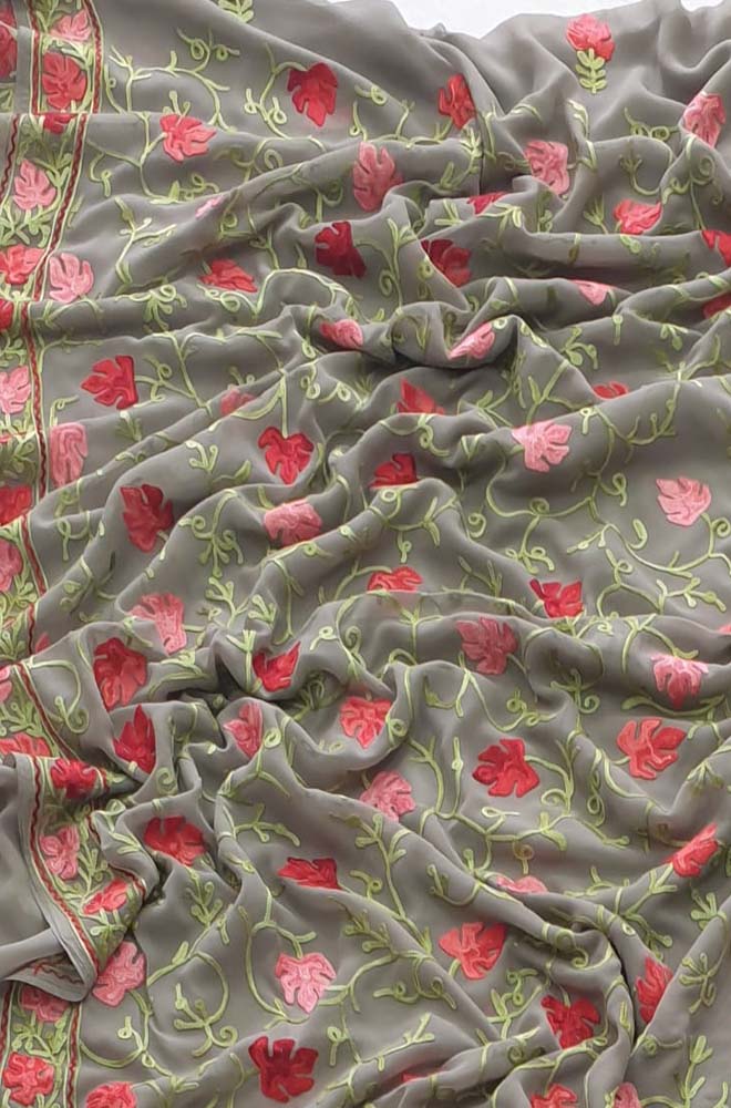 Grey Embroidered Kashmiri Aari Work Georgette Floral Design Saree - Luxurion World