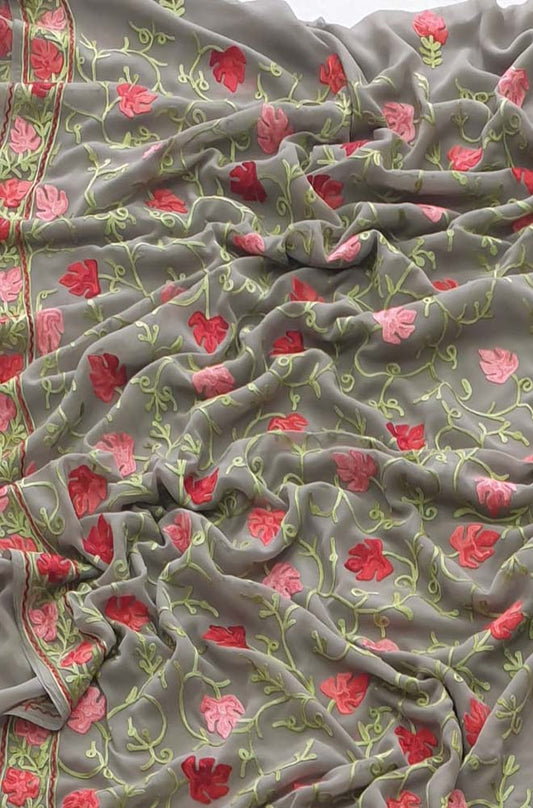 Grey Embroidered Kashmiri Aari Work Georgette Floral Design Saree - Luxurion World
