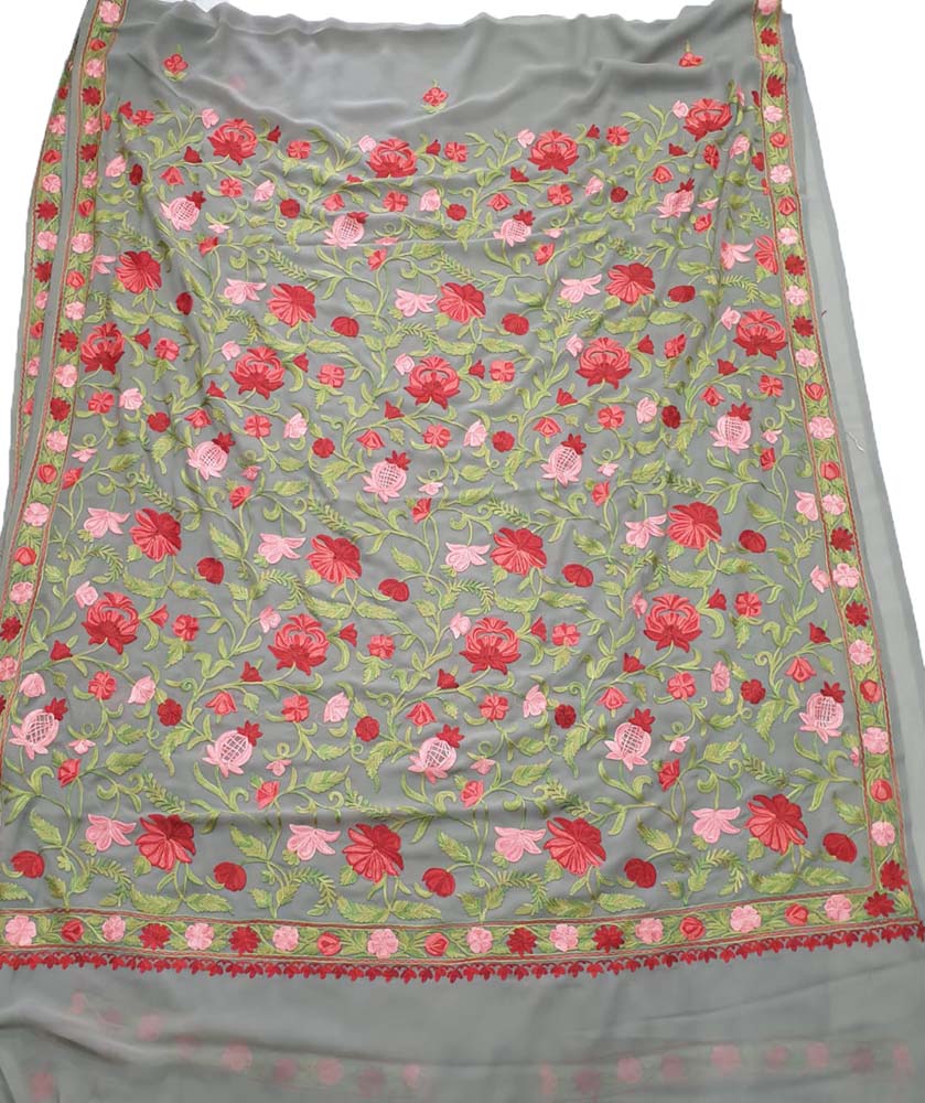 Grey Embroidered Kashmiri Aari Work Georgette Floral Design Saree - Luxurion World