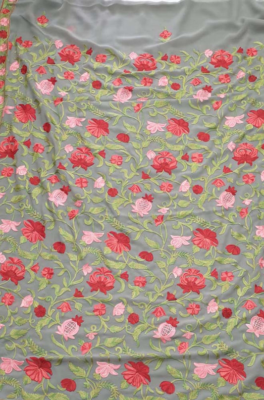 Grey Embroidered Kashmiri Aari Work Georgette Floral Design Saree - Luxurion World