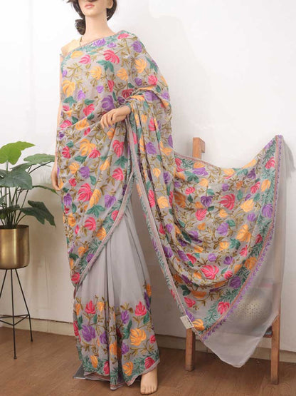 Grey Embroidered Kashmiri Aari Work Georgette Floral Design Saree - Luxurion World