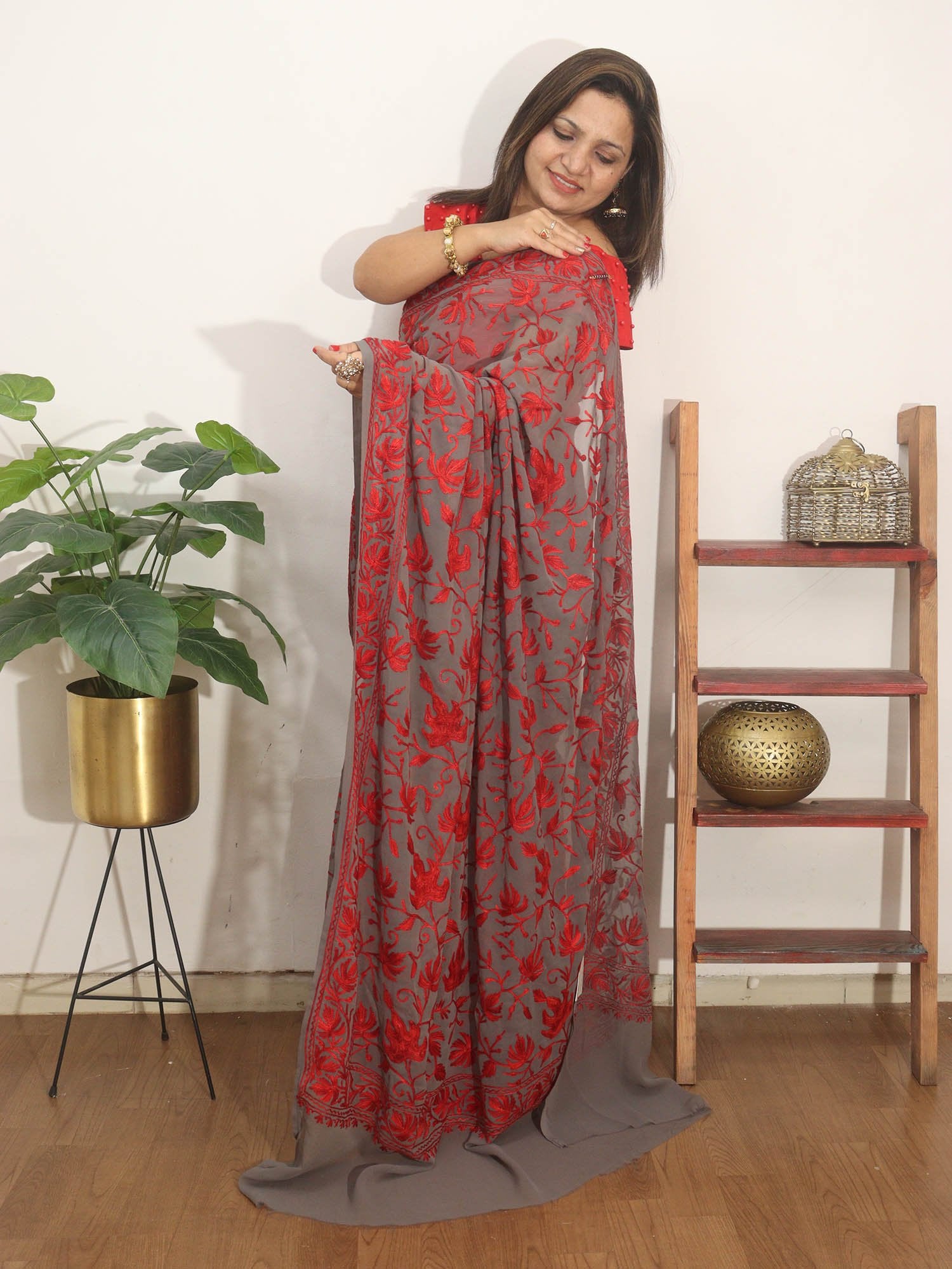 Grey Embroidered Kashmiri Aari Work Georgette Saree - Luxurion World