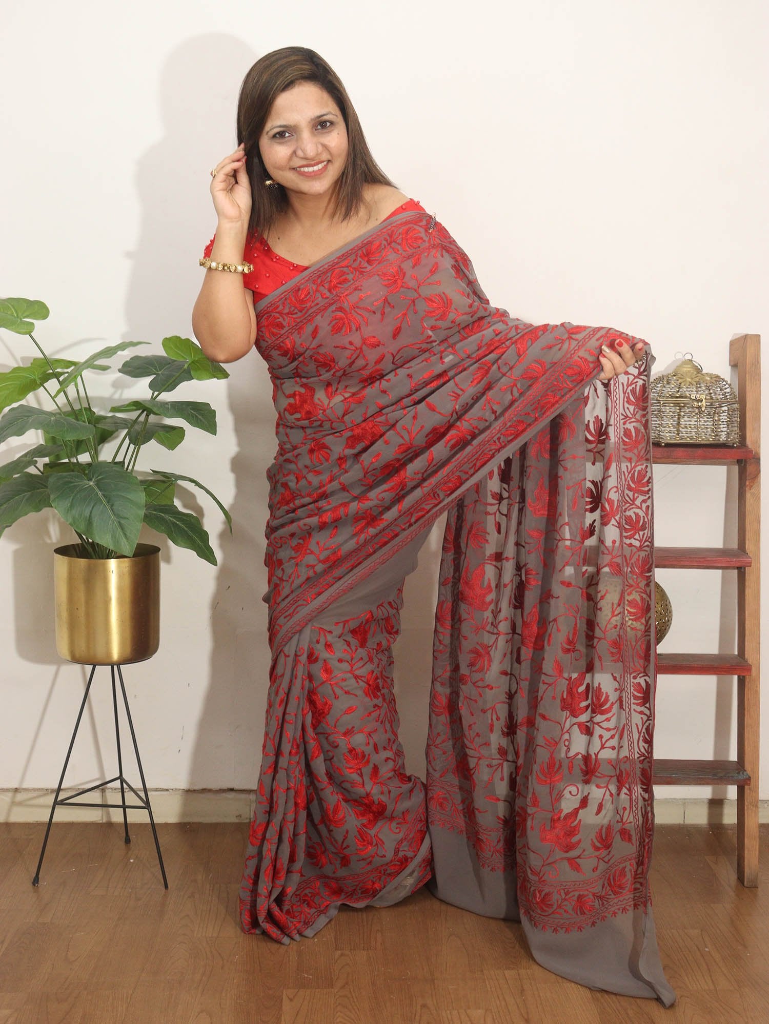 Grey Embroidered Kashmiri Aari Work Georgette Saree - Luxurion World
